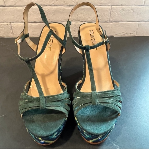 Colin Stuart sz 11 green suede leopard print platform wedge sandals - Picture 11 of 16